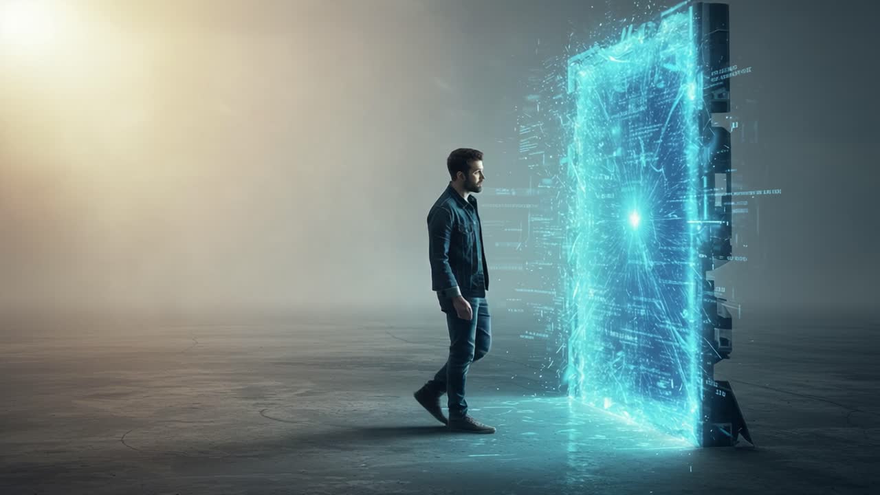 A Man Steps Through a Glowing Portal in a Futuristic Setting Filled with Digital Elements and Atmospheric Lighting, Symbolizing a Journey into the Unknown