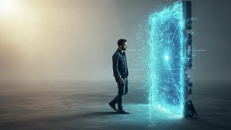a man steps through a glowing portal in a futuristic setting filled with digital elements and atmospheric lighting, symbolizing a journey into the unknown