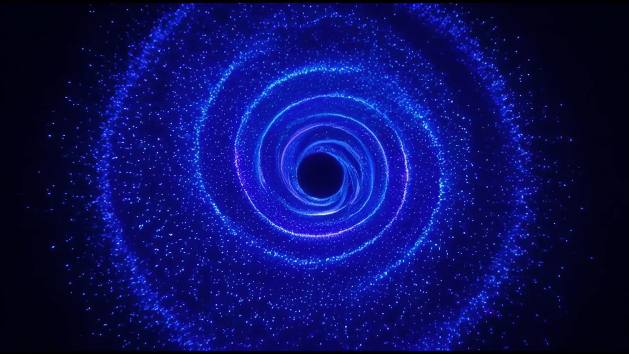 Vortice di particelle blu astratto che turbina nello spazio scuro