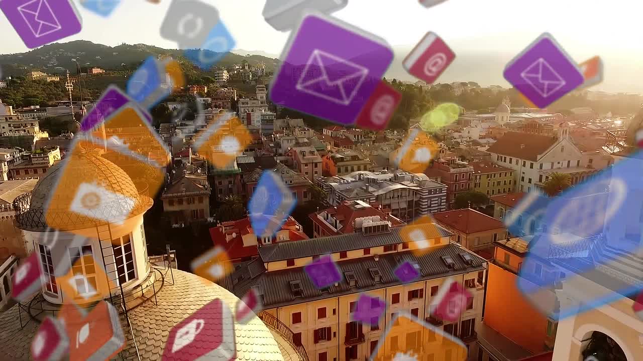 cubos coloridos flotando con el paisaje urbano en el fondo