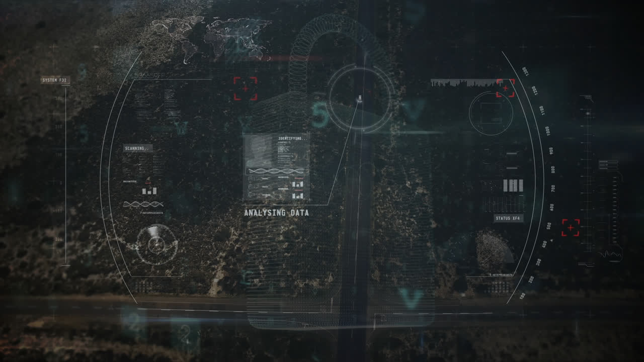 Animation of data processing and security icons over cityscape