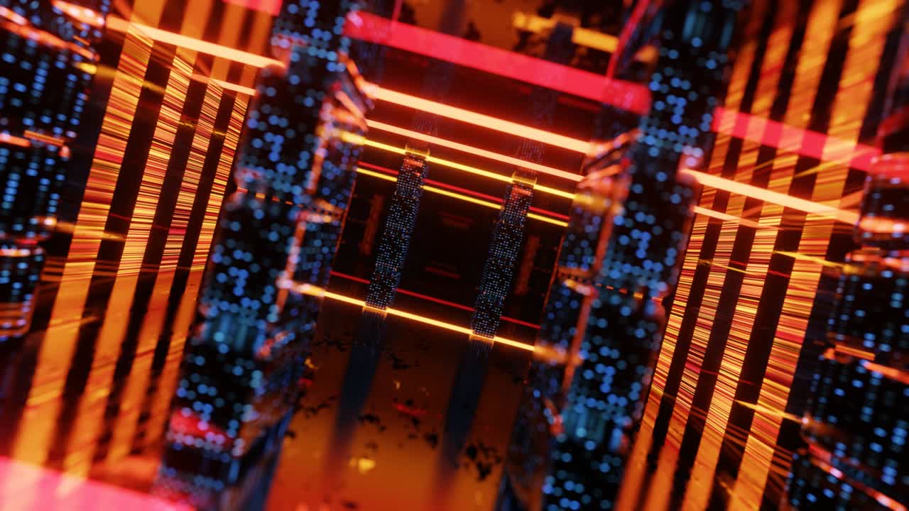 volare attraverso disegni a specchio formano tecnologia di tunnel cyberspace con bagliore al neon. volo di fantascienza attraverso la complessità del design. luce al neon. sfondo luminoso 3d a loop senza cuciture 4k.