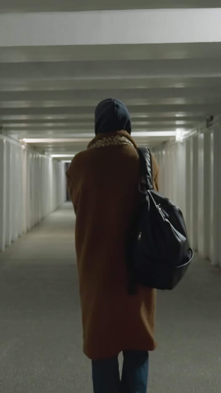 una foto de una chica con un abrigo marrón, vaqueros, zapatos blancos y una mochila mientras camina lentamente por un paso subterráneo o túnel. la escena captura una sensación de soledad y contemplación