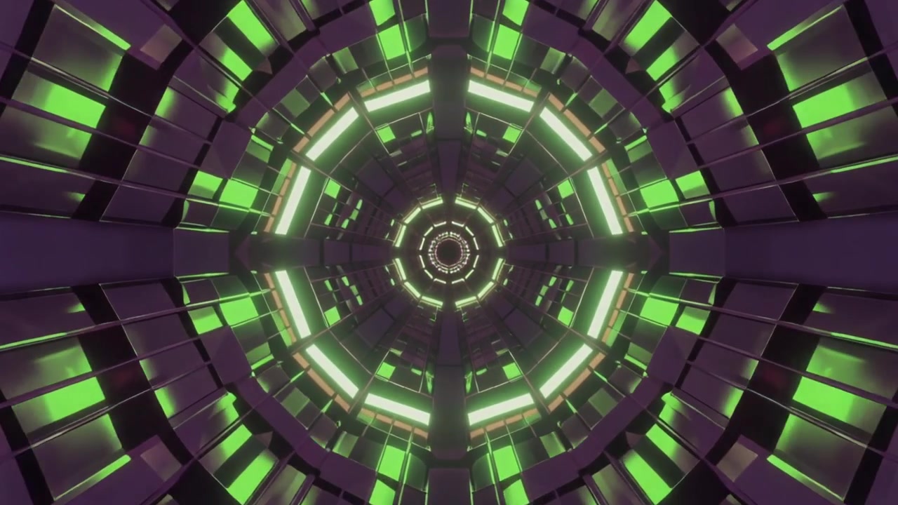 Tunnel futuristico con luci verdi luminose e motivi geometrici