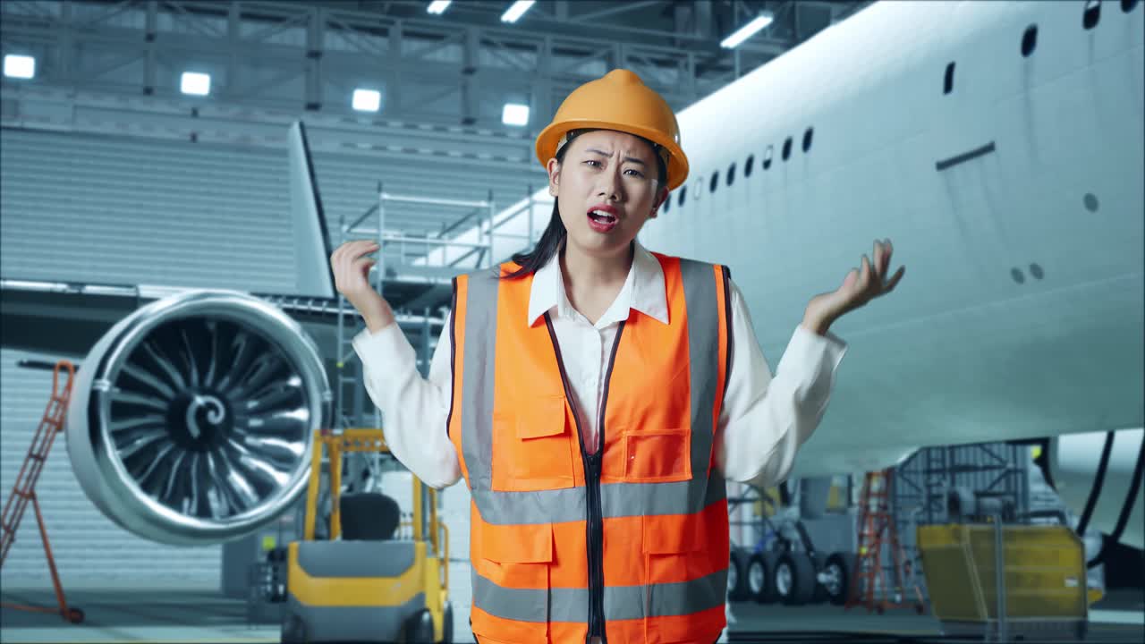 거 에 있는 짜증 난 항공기 유지 보수 노동자