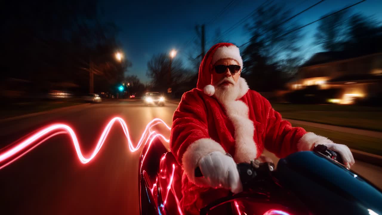 A Cool Santa Claus Riding a Motorcycle at Night with Colorful Lights, Exuding a Fun Holiday Spirit and Adventurous Energy in a Vibrant Urban Setting