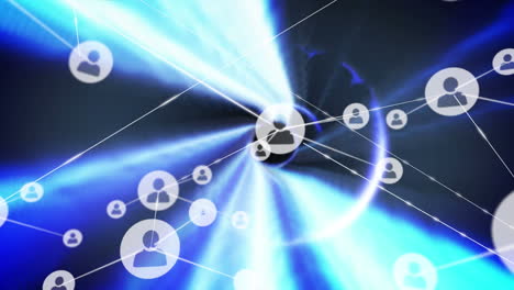 animación de la red de conexiones con iconos sobre senderos de luz