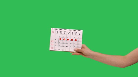 calendario de períodos de la mujer para comprobar los días de menstruación aislados sobre pantalla verde chroma clave de fondo en el estudio. concepto ginecológico de atención médica. cámara lenta. primer plano