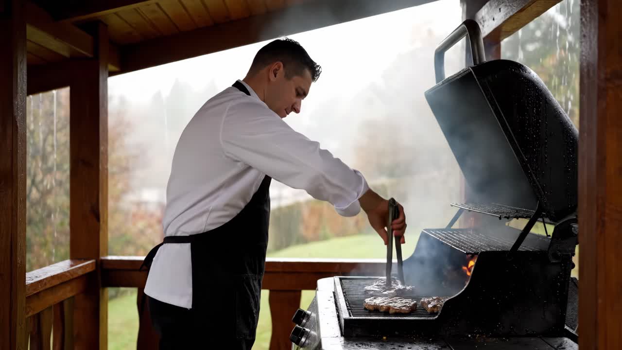 Man Grilling Steaks Outdoors