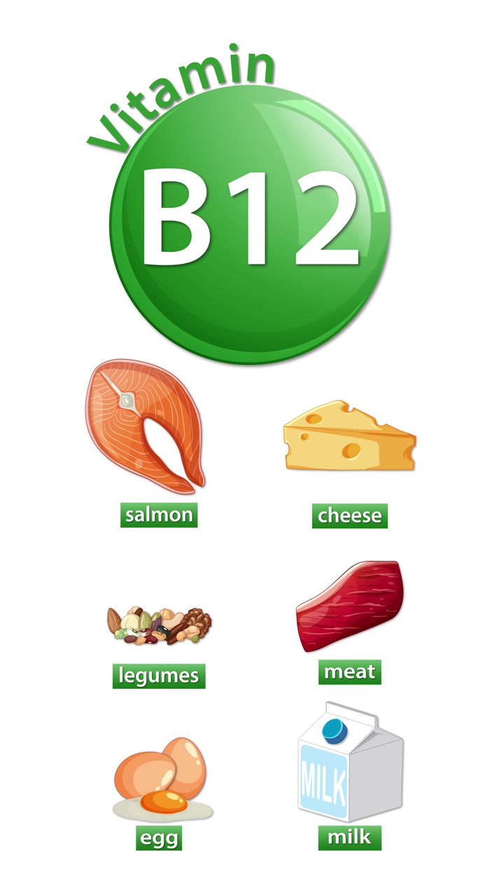 B12 Vitamini kaynaklarını gösteren animasyonlu infografik: somon, peynir, baklagiller, et, yumurta, süt.