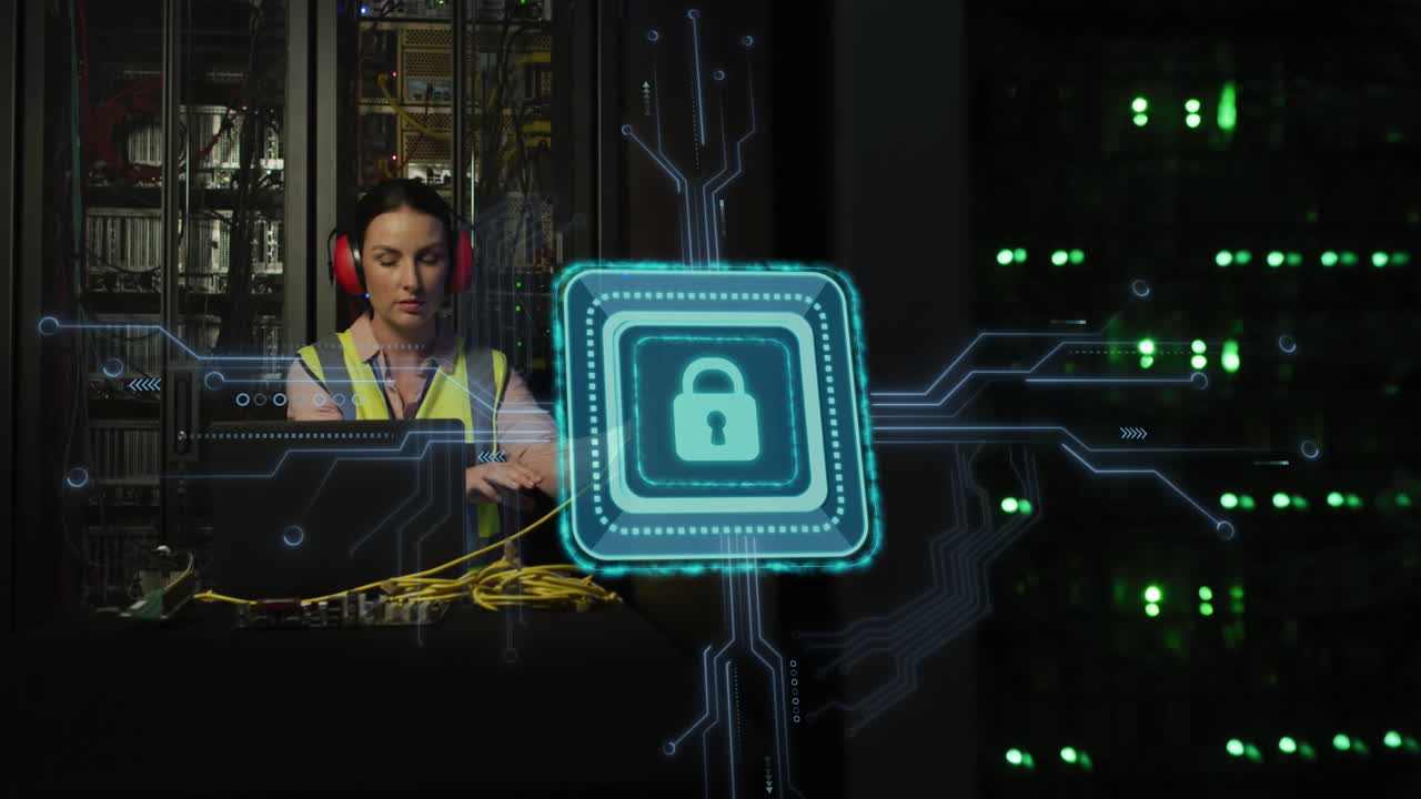 animación de procesamiento de datos y candado sobre ingeniera informática caucásica y servidores informáticos