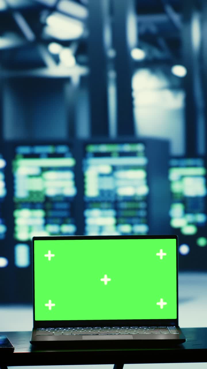 Vertical video Green screen laptop in data center