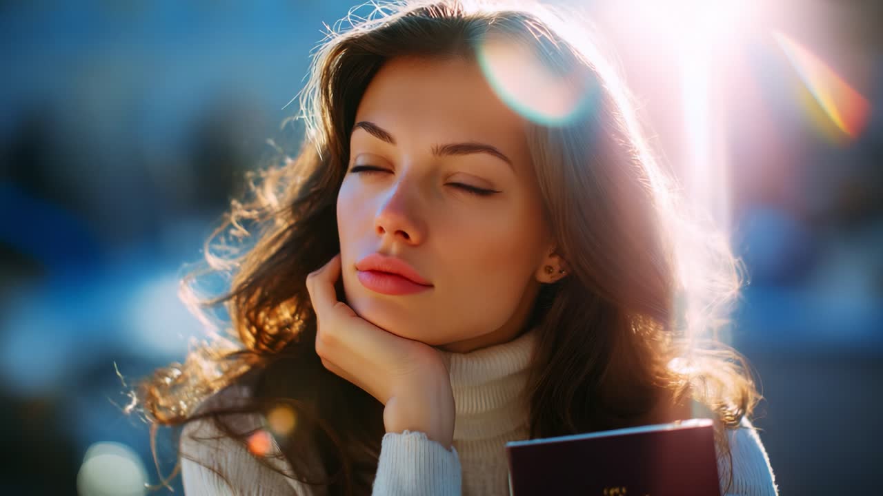 A Contemplative Moment in Natural Light: A Young Woman with Long Hair and Clear Blue Eyes Lost in Thought While Holding a Book, Illuminated by Soft Sunlight and a Warm Background