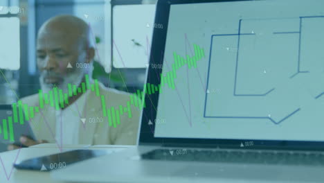 animation of financial data processing over african american businessman using tablet in office