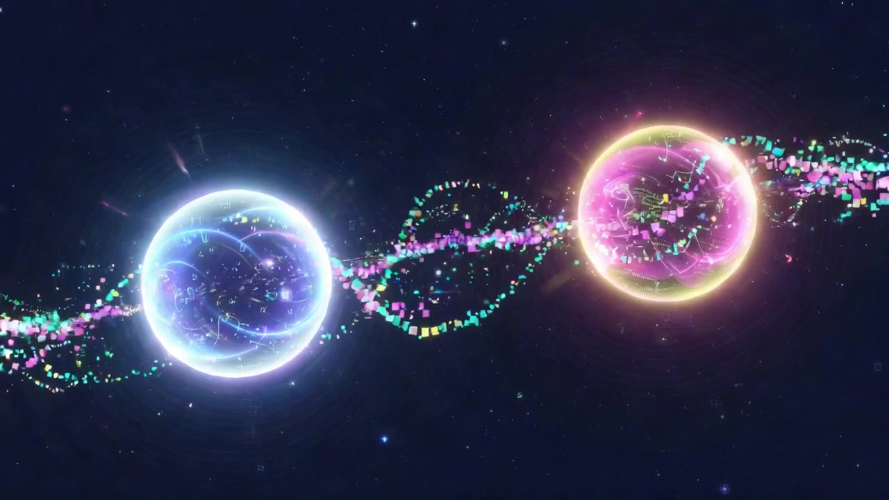 Abstract Digital Connection Between Two Glowing Orbs in Space