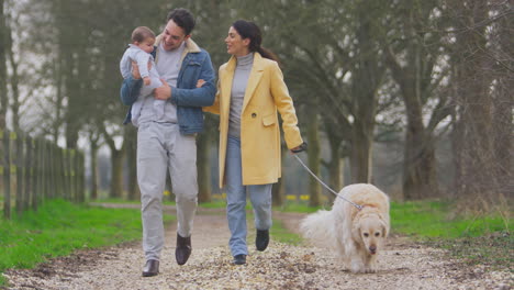 Transgender-Familie-Mit-Baby-Und-Hund-Genießt-Einen-Spaziergang-In-Der-Herbst--Oder-Winterlandschaft