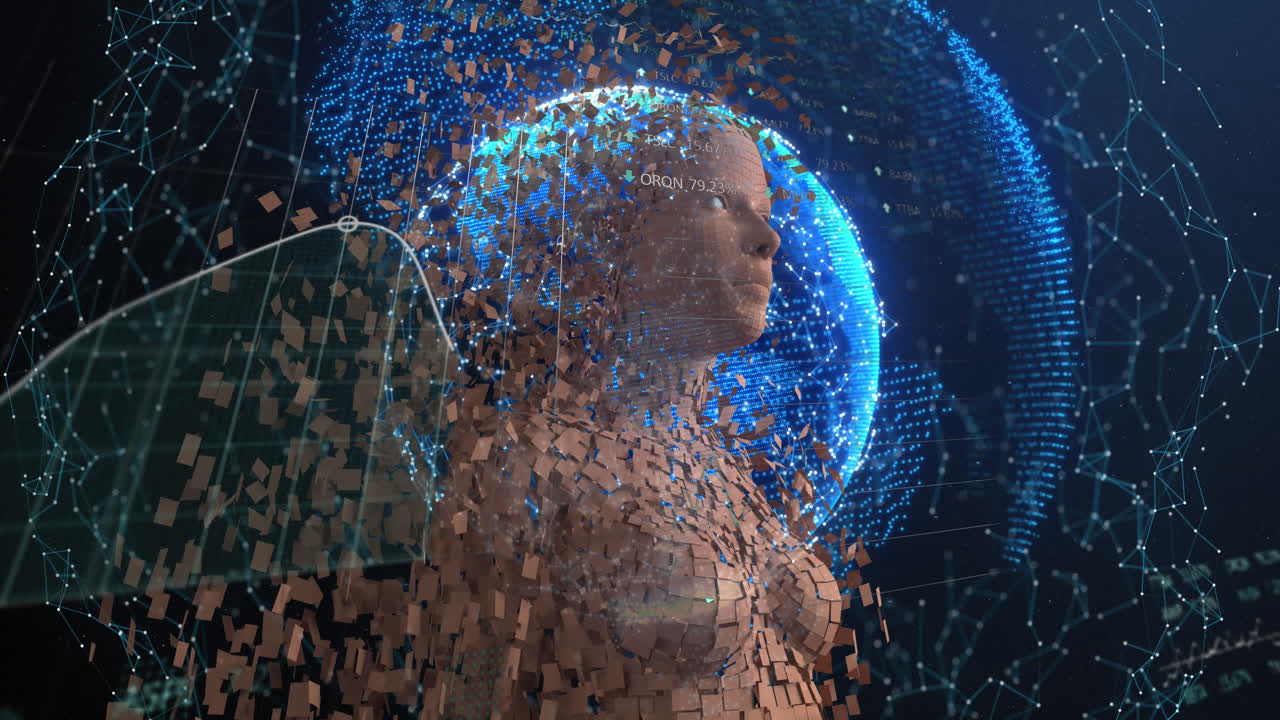 modelo del cuerpo humano femenino y procesamiento de datos financieros contra la red de conexiones y el mundo