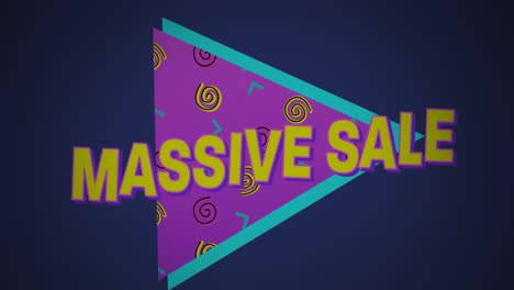 animación del texto de venta masiva sobre un banner triangular contra un fondo azul