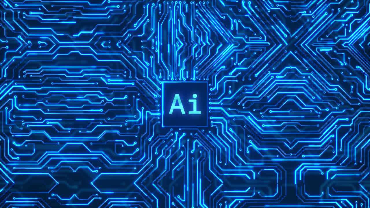 Artificial intelligence cpu chip on motherboard loop animation background 3d computer processor chip