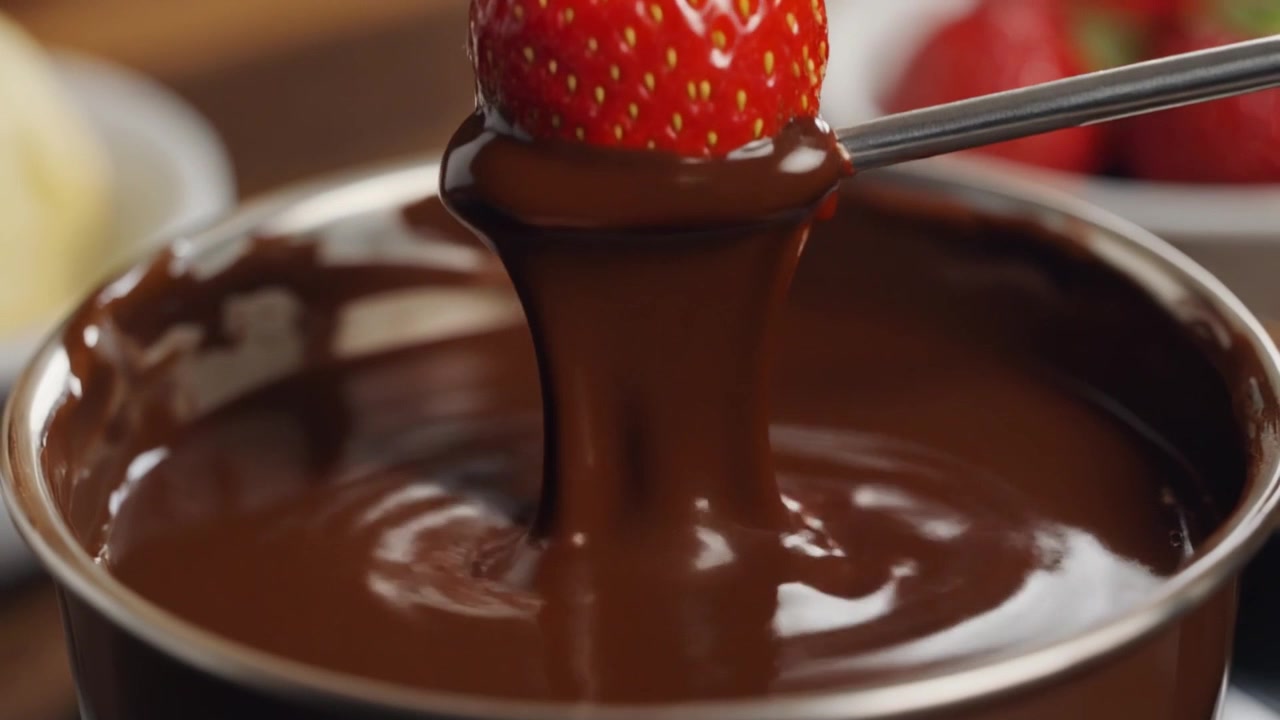 Fragola fresca immersa nella fonduta di cioccolato fuso