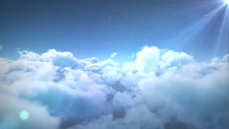 Moving sun rays on calm blue sky