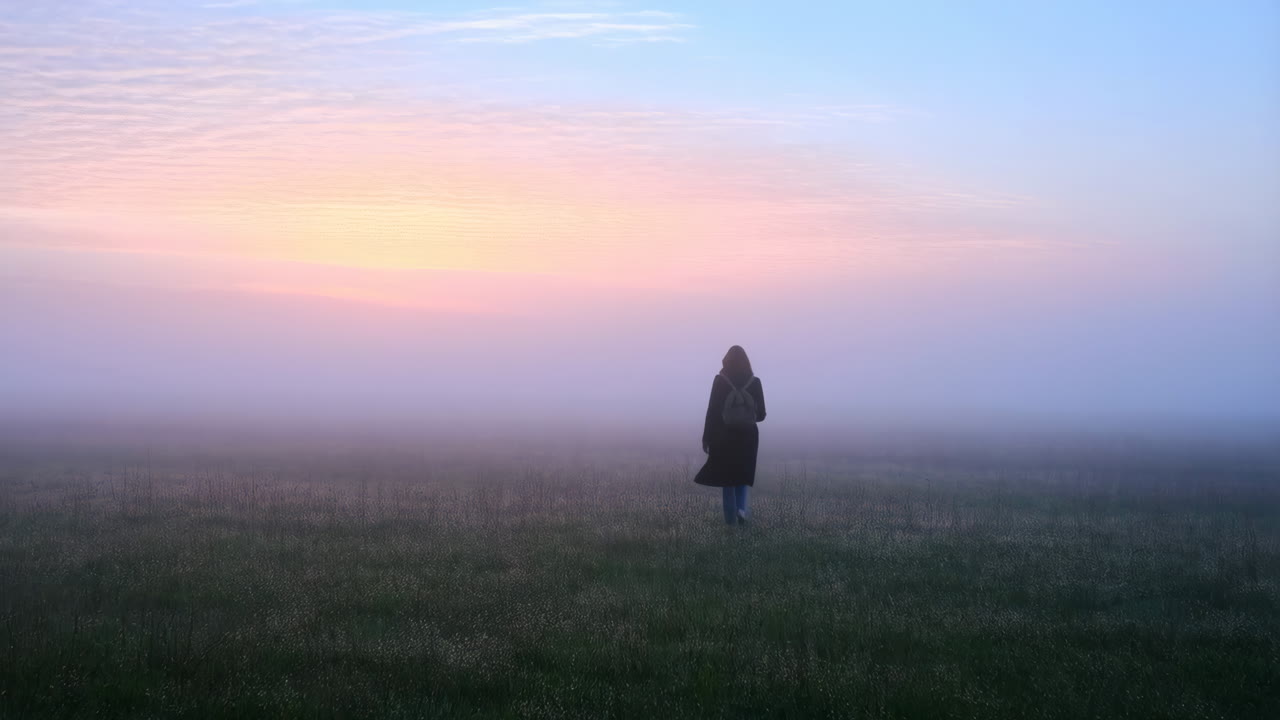 A lone figure walking through a foggy field at sunrise