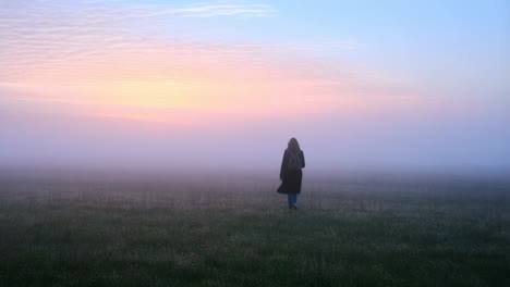 a lone figure walking through a foggy field at sunrise