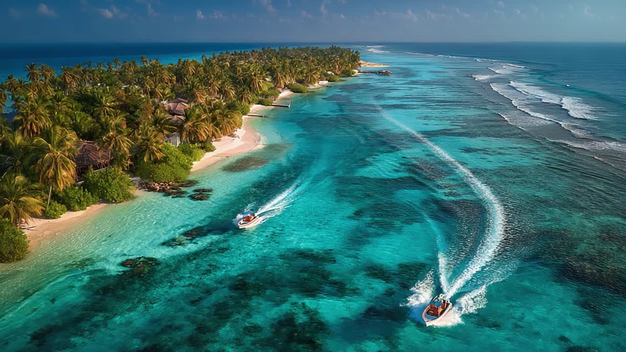 Vista aerea di un paradiso tropicale: barche che scivolano su acque turchesi accanto a un'isola verdeggiante con palme e onde leggere in un ambiente costiero appartato