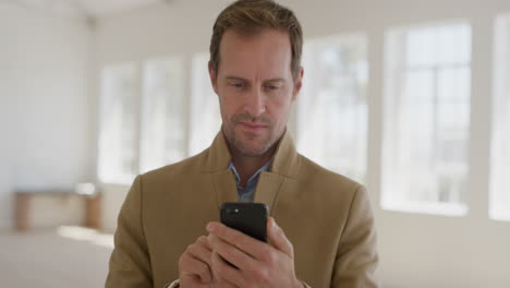 Retrato-De-Un-Joven-Feliz-Usando-Un-Teléfono-Inteligente-Sonriendo-Disfrutando-De-La-Comunicación-Por-Teléfono-Móvil-Enviando-Mensajes-De-Texto-Navegando-Por-La-Banca-En-Línea-Expresando-Satisfacción-Usando-Chaqueta