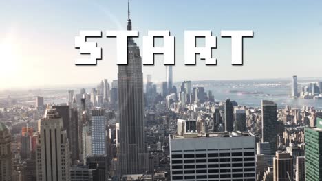 animation of start text in white letters over cityscape