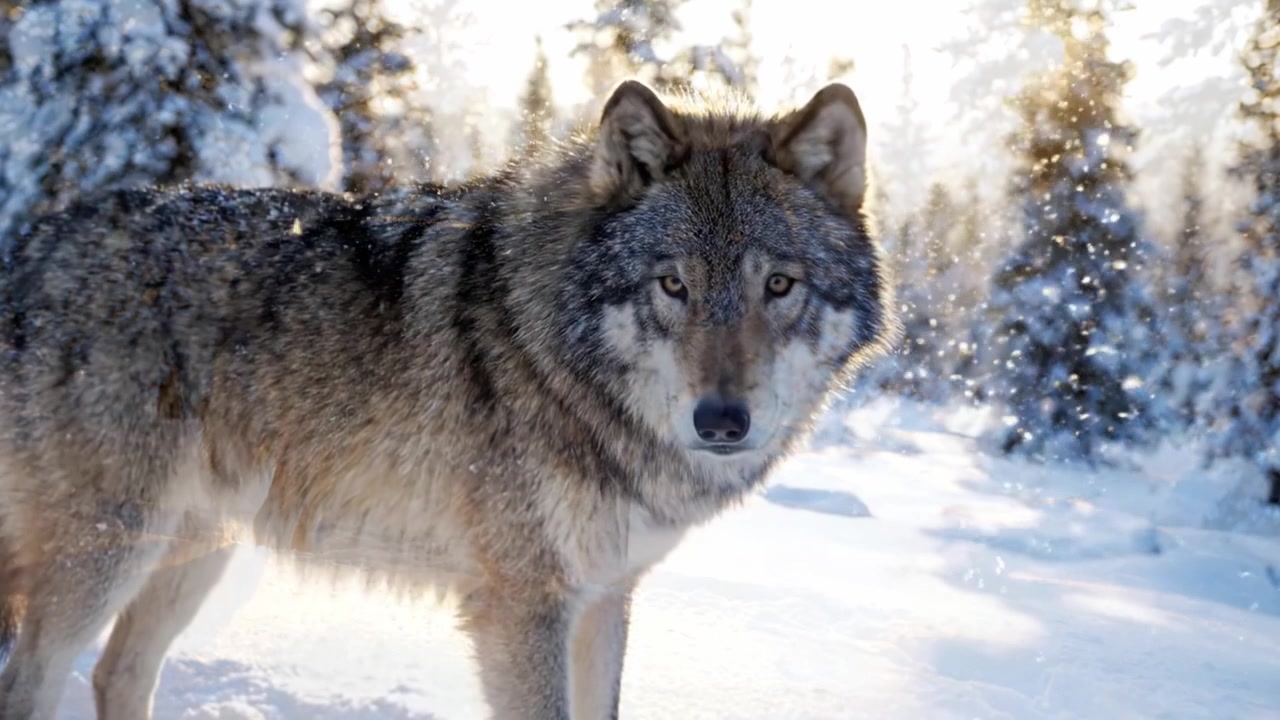 Majestic Wolf Standing in a Serene Winter Landscape, Surrounded by Snow-covered Trees and Bathed in Golden Light, Capturing the Essence of Wilderness and Nature's Beauty