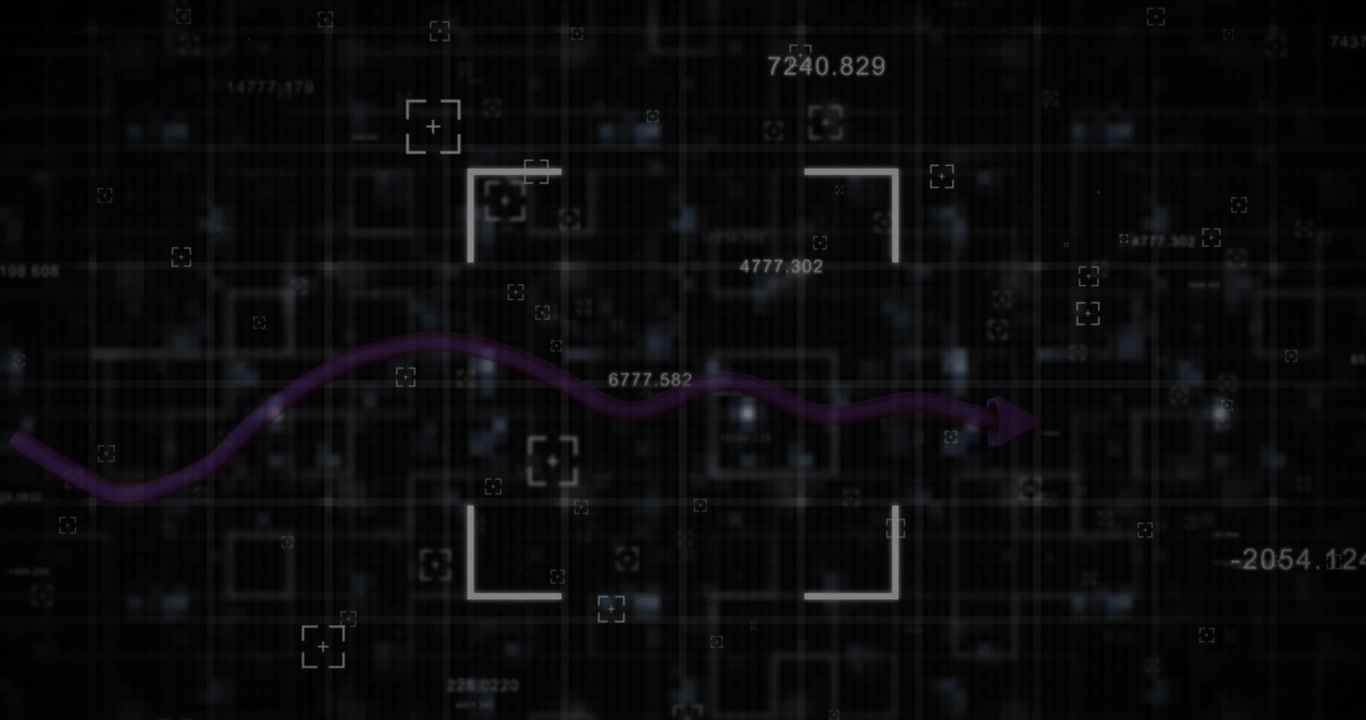 Animation of purple glitch statistics and financial data processing over black background