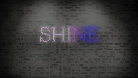 animación de texto brillante en texto rosa y azul, en fondo de pared de ladrillo