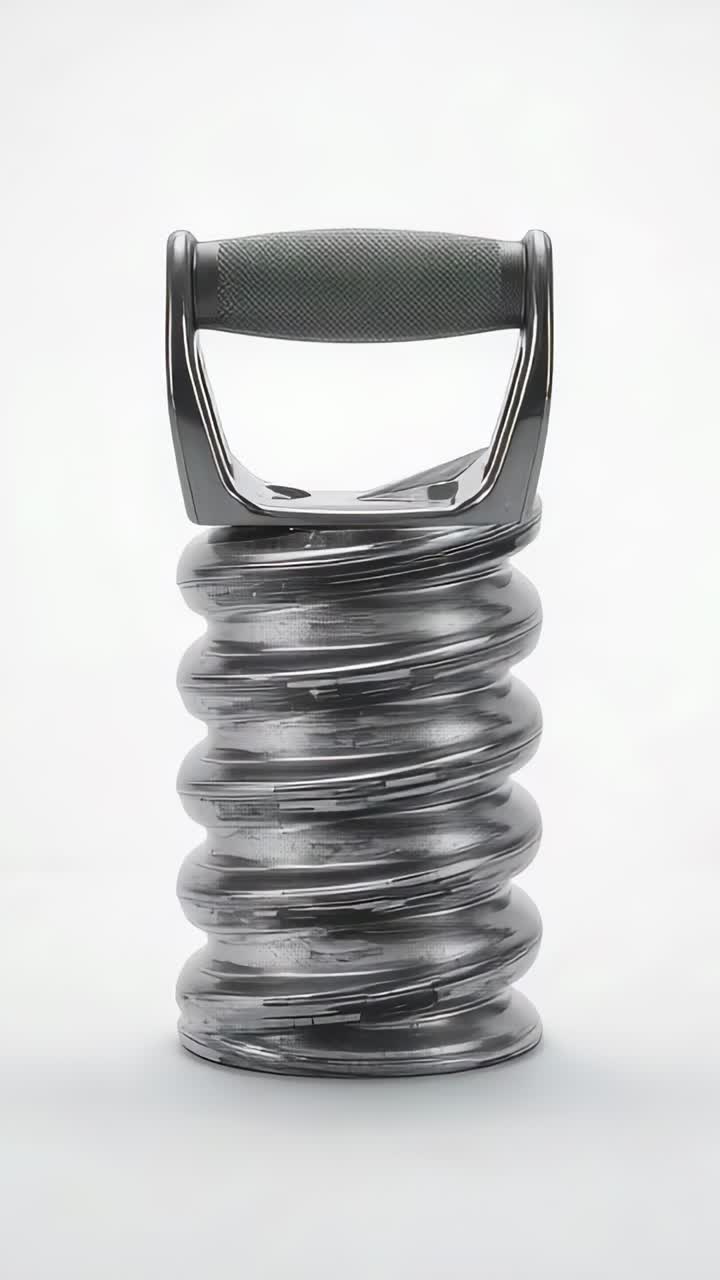 Vertical video: Rotating platform revealing coil cylinder with grip handle on white set for display