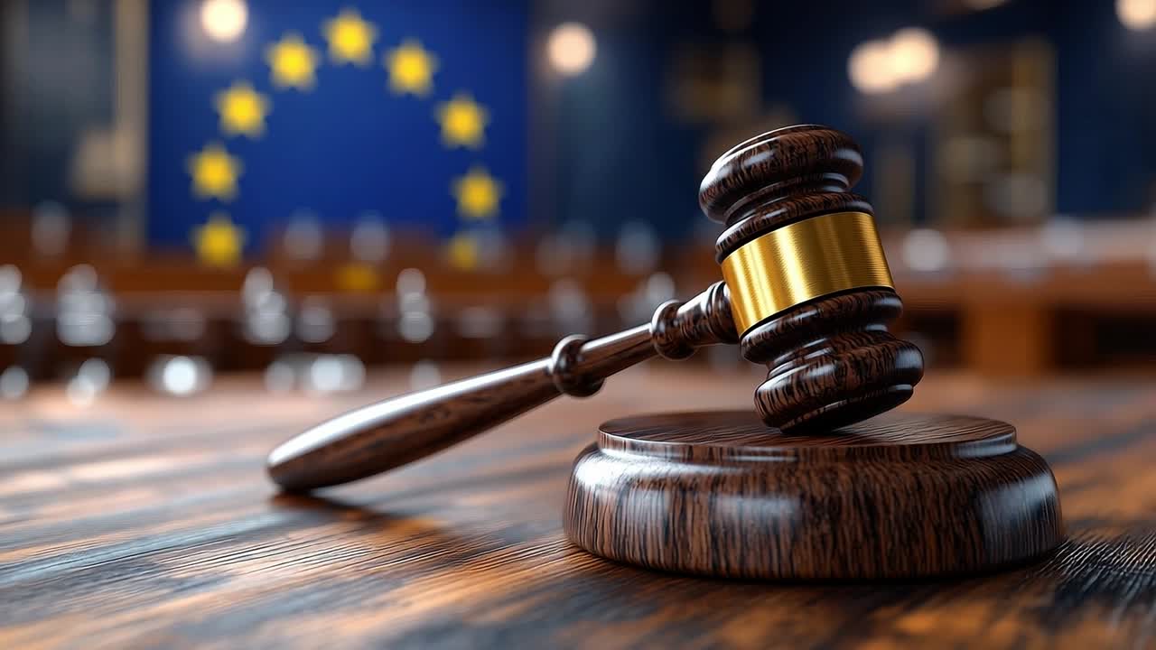 European court gavel on wooden table. A traditional gavel rests on a wooden surface in a courtroom, with a backdrop of the European Union flag.