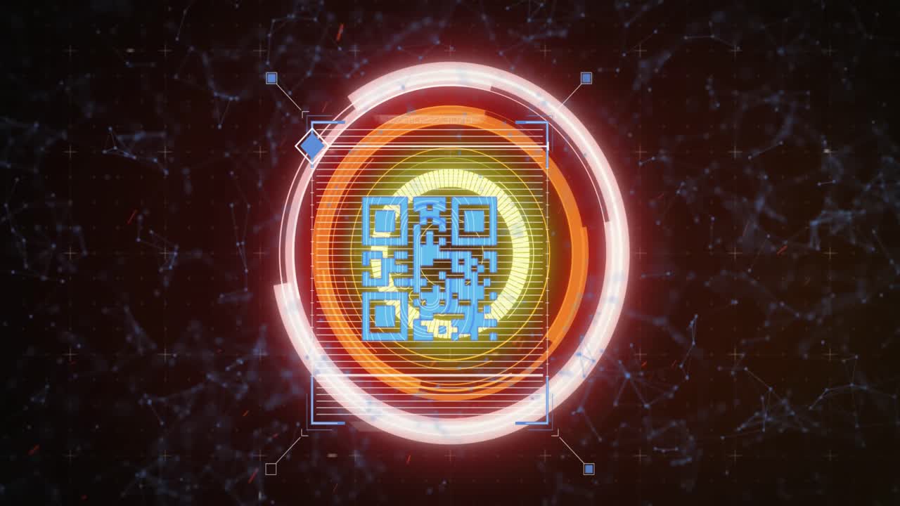 animación de escaneo de alcance y seguridad en línea de código qr con red de conexiones en segundo plano