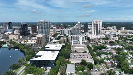 corporate buildings and restaurants near eola park centre in downtown orlando, florida, united states. aerial drone shot