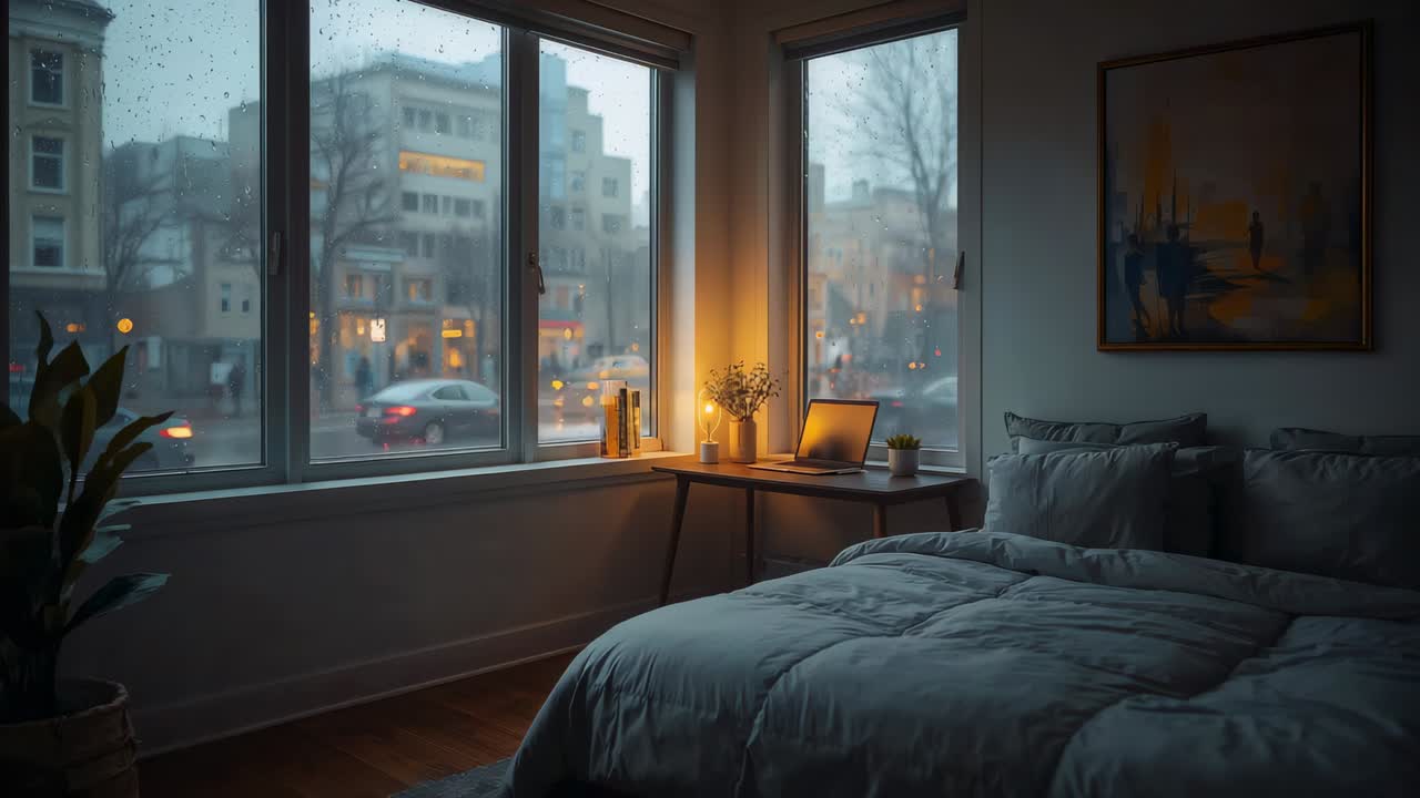 Blendung durch Regen, Taxi in Bewegung, Lampe leuchtet, um Schreibtisch und Bett im Schlafzimmer zu wärmen, Platz für Text