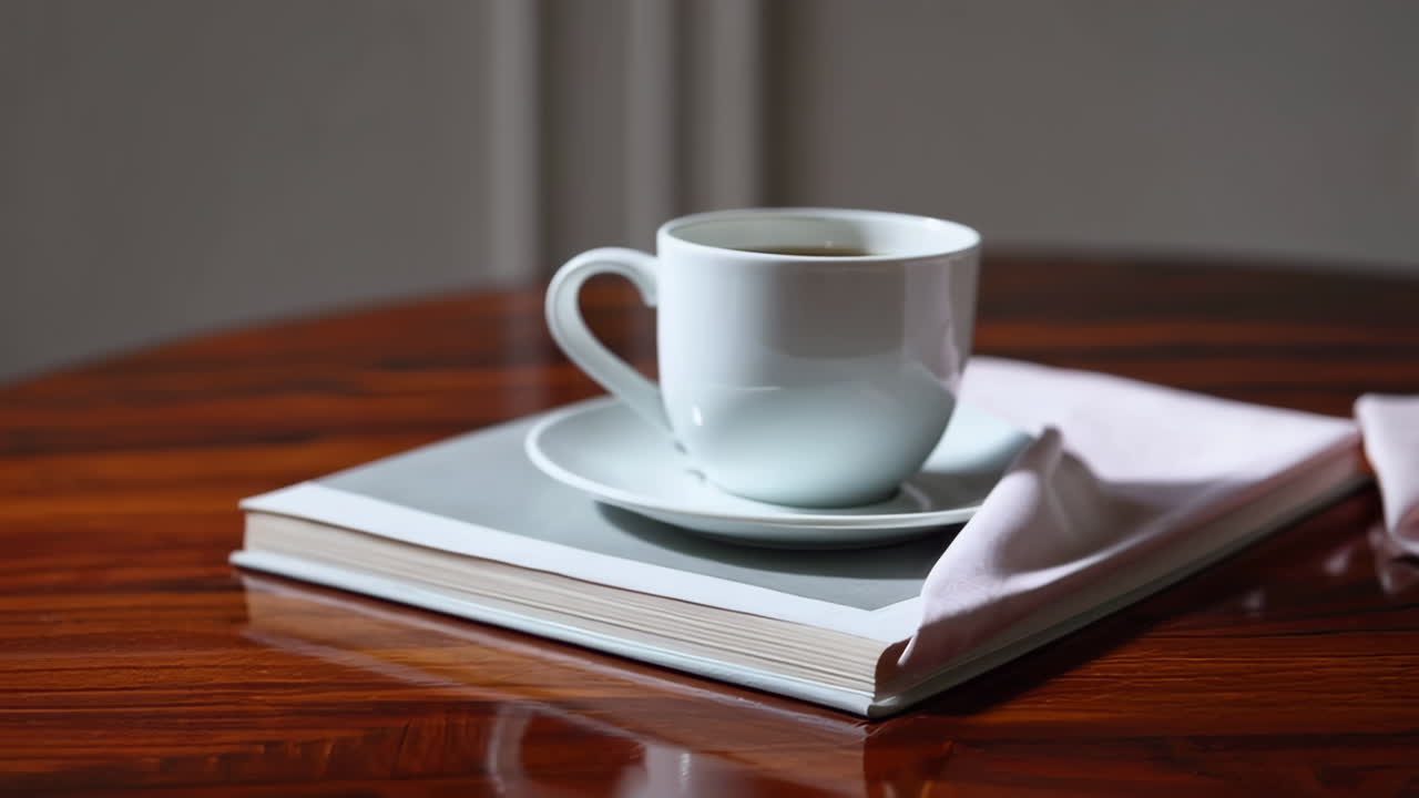 나무 테이블에 차 한 잔