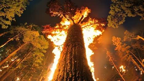 un gran árbol es engullido por las llamas en un bosque