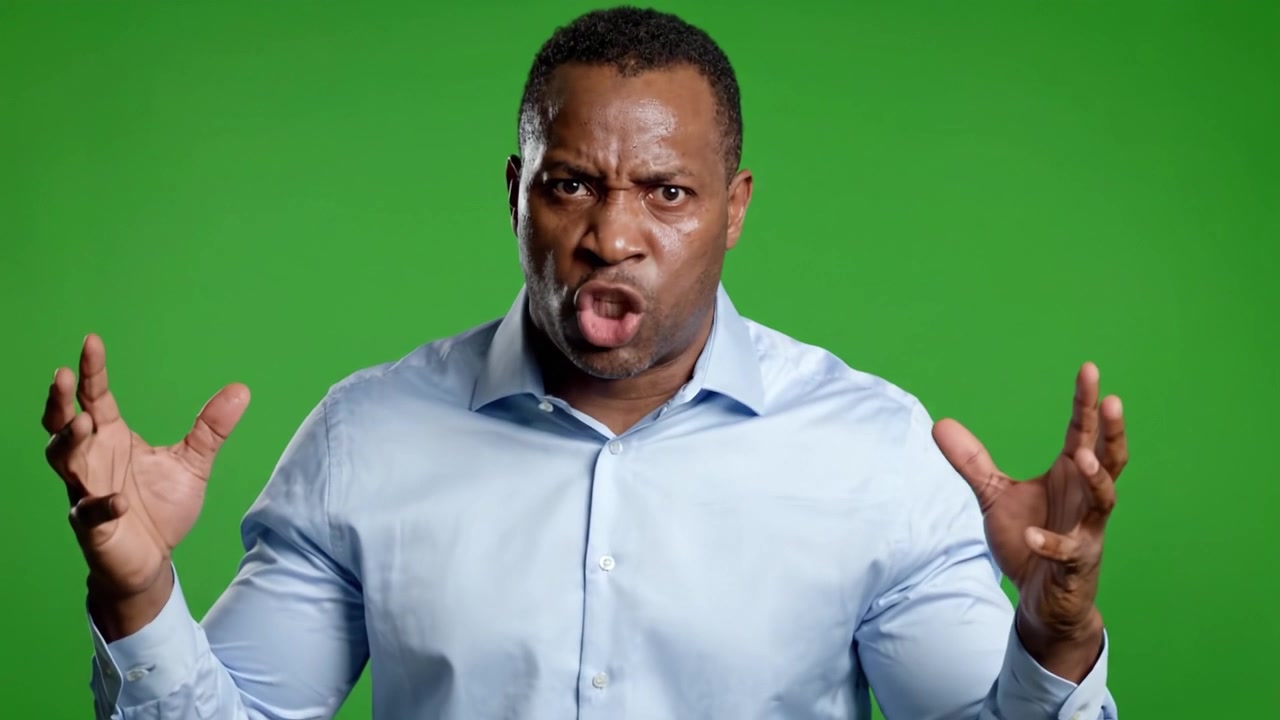 A Man Expresses Strong Emotions in a Green Screen Setting, Capturing the Transformative Journey from Concern to Reflective Contemplation in a Series of Frames.