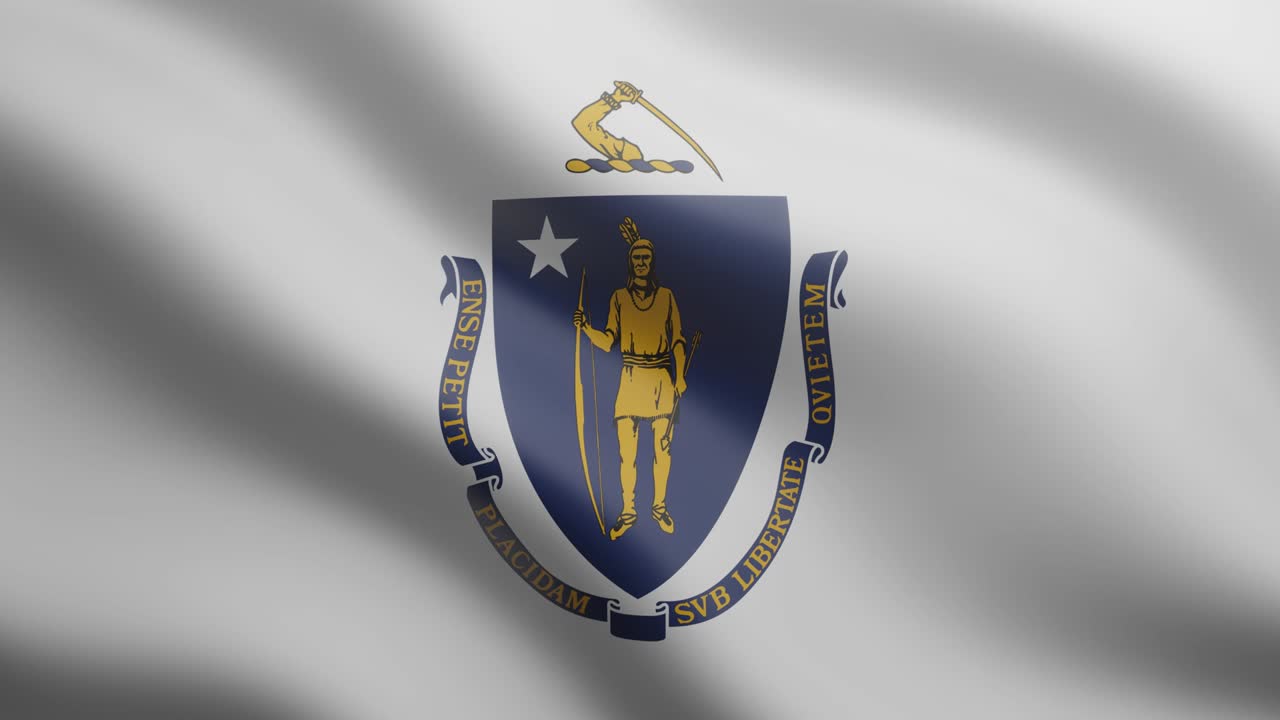 3d ondeando bandera de estados unidos estado de massachusetts. bandera nacional en el fondo del viento. video clip animado de bucle sin costuras realista de 4k