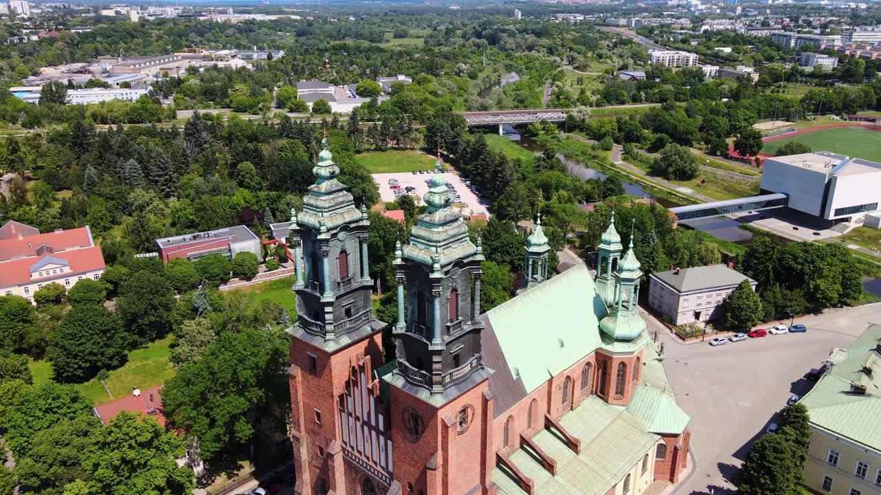 Drone of Poznań Cathedral, stunning descent along its historic spire, Poland, 4K
