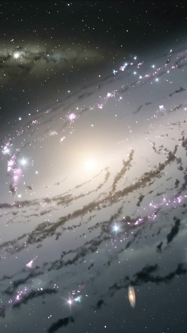 Vertical video: Drifting camera after rotation toward spiral galaxy in space revealing bright bulge