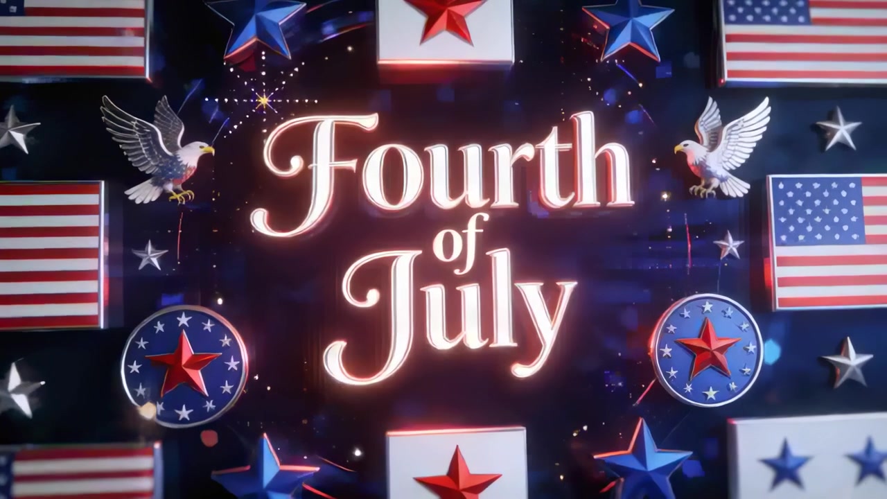 Sparkling Fourth of July title pulsing on holiday backdrop animating flags eagles celebrating