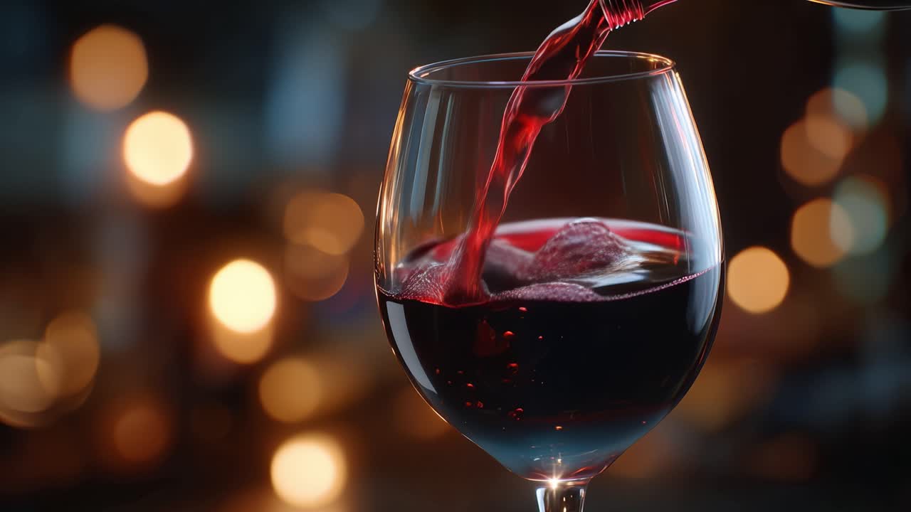 Vino rosso versato in un bicchiere trasparente. Bollicine salgono mentre il liquido riempie il bicchiere. Luci calde sfocano dolcemente sullo sfondo. Il colore intenso invita al relax o alla celebrazione
