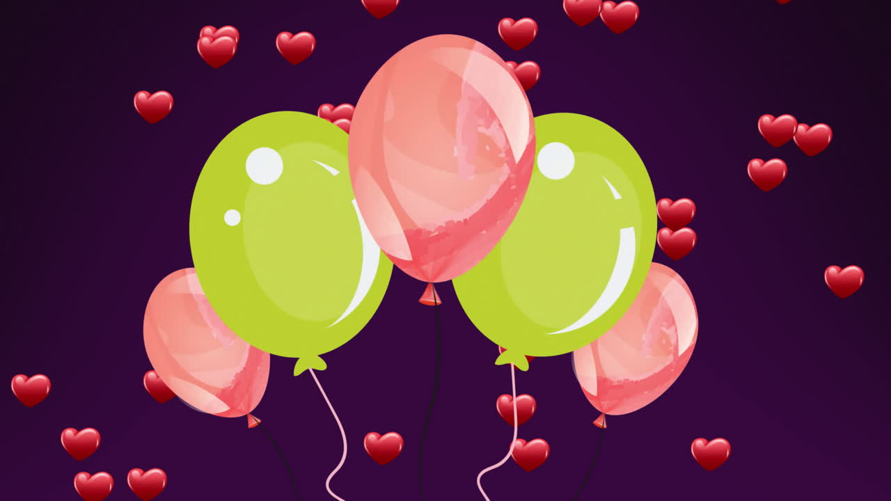 animación de globos y corazones sobre un fondo púrpura