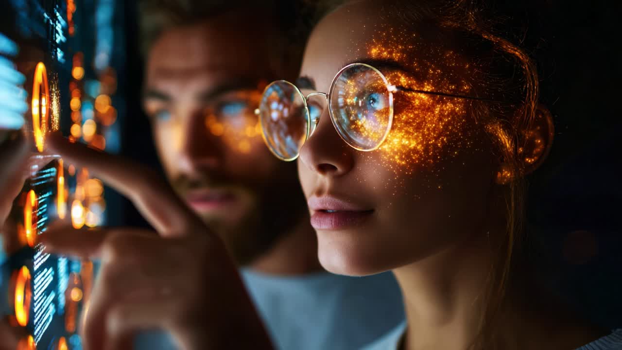 A Captivating Encounter with Technology: The Enigmatic Exploration of Digital Worlds by a Young Woman and a Man Engaged in a Futuristic Interface Interaction