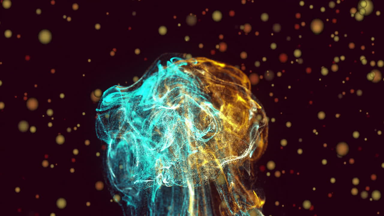 Swirling cyan and golden particles drifting through dark space with glowing bokeh dots scattering