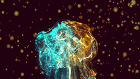 swirling cyan and golden particles drifting through dark space with glowing bokeh dots scattering